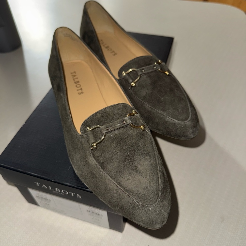 Talbots olive green Suede Loafers with Gold Accents